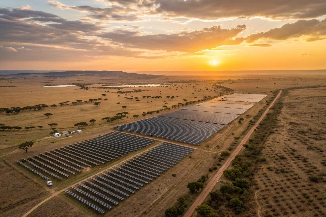 Centrale solaire au coucher du soleil