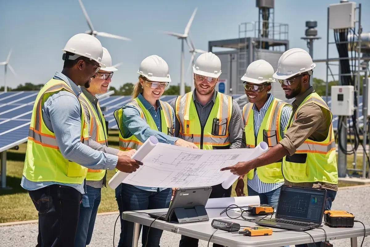 Équipe d'ingénieurs sur un site énergétique